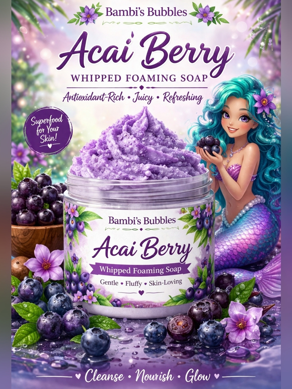 New! Hand Crafted Acai Berry Whipped Foaming Soap 8oz